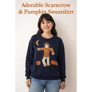 Vintage Adorable Fall Pumpkin Scarecrow Navy Pullover Sweater S/P Vtg Autumn
